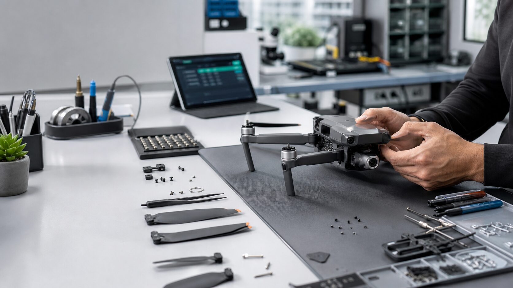 A drone technician working on an aircraft at a clean electronics repair bench